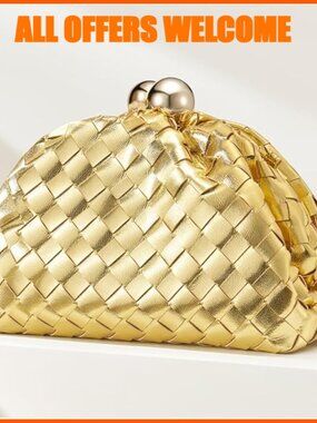 Faux Leather Woven Clutch Purse with Detachable Chain Strap